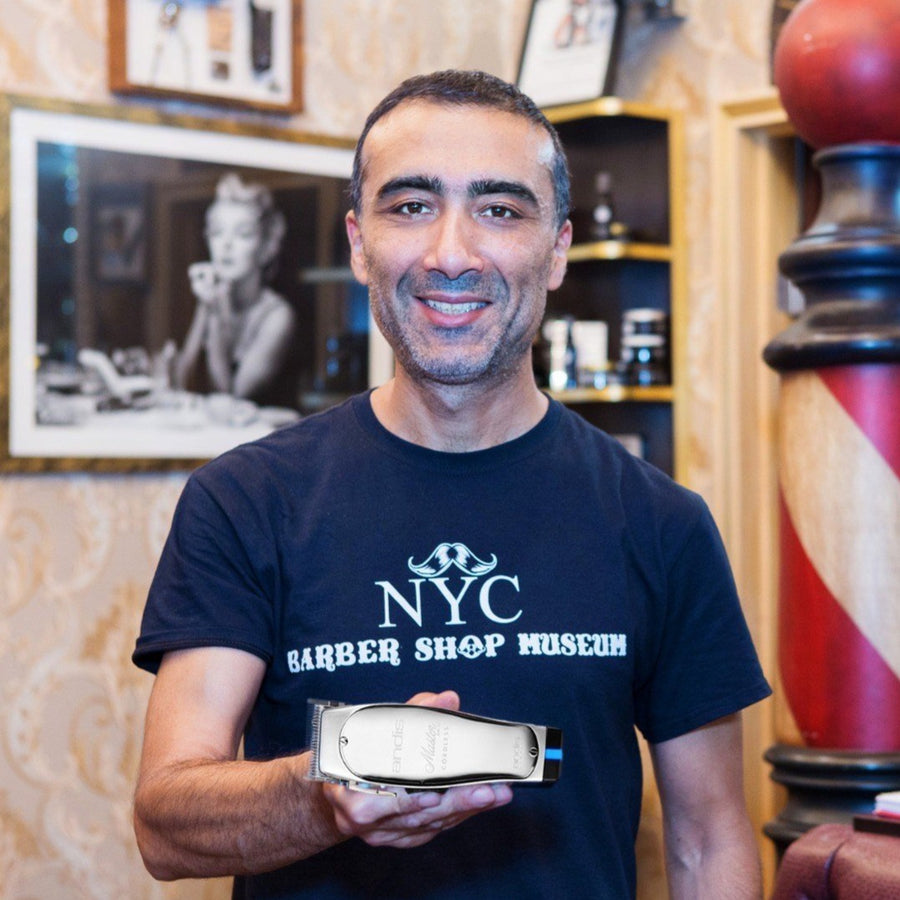 NYC Barber Shop Museum Donation T-Shirt y Arthur Rubinoff featuring Andis Clippers